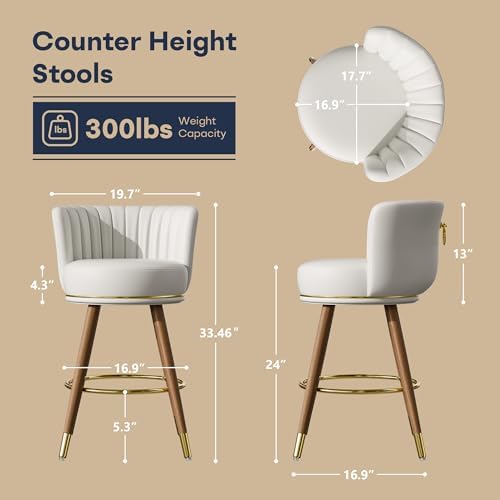 SeekFancy 24 Inch White Leather Swivel Counter Bar Stools Set of 2