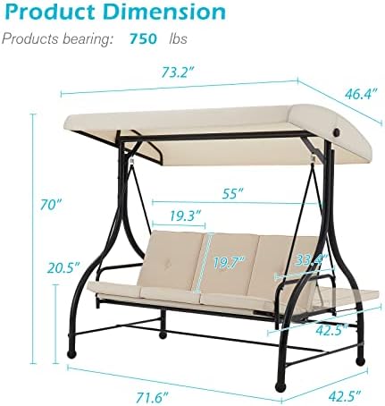 AECOJOY 3-Seat Outdoor Patio Swing With Canopy, Converting Porch Hammock, Adjustable Backrest, Removable Cushions and Stand, Beige