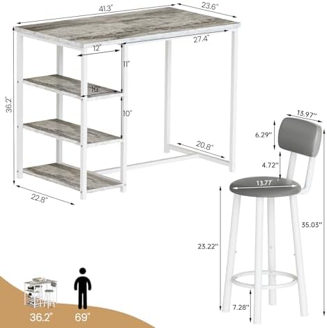 Recaceik Pub Dining Table Set for 2, Table and Bar Stools with 3 Storage Shelves, MDF Board & PU Leather Backrest Chairs, 3 Piece Dining Set for Small Space, Apartment, Kitchen Island, Grey