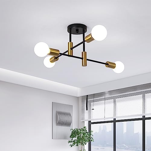 Garwarm Black and Gold Sputnik Chandelier, 4-Light Semi Flush Ceiling Light