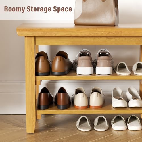 Shoe Rack Bench Mid Century Modern 2-Tier Shoe Rack Organizer for Entryway Hallway or Living Room Farmhouse Rustic Wooden Seat Bench Natural 11.8" Dx31.5 Wx16.5 H