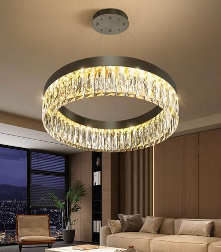 23.6" 1 Ring Modern LED Dimmable Ring Chandelier Adjustable Round Crystal Chandelier for Dining Room Living Room Black