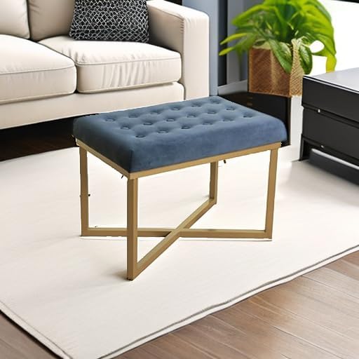 Homepop Home Decor | Upholstered Tufted Velvet Ottoman Bench | Ottoman Bench for Living Room & Bedroom, Blue, 24 x 16 x 17-1/2 inches high