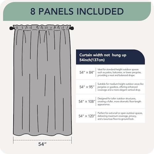 White Outdoor Curtains for Patio Waterproof, 8 Panels, Rod Pocket