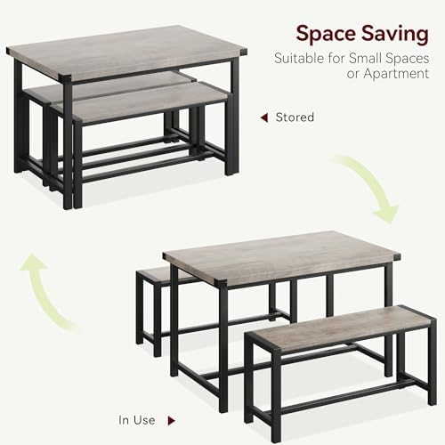 Dining Table Set for 4 with 2 Benches, 3-Piece Kitchen Table Set, Space-Saving Dining Set for Kitchen, Dining Room, Gray