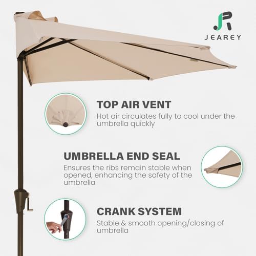 JEAREY 9 ft Half Outdoor Patio Umbrella w/Crank, Beige
