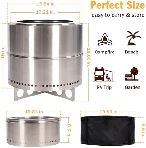 BRIOPAWS Large Smokeless-fire-pit Outdoor | 19 IN | 304 Stainless-Steel-Firepit | Portable Solo Fire Pits for Outside, Camping | Low Smoke Stove | Wood Burning Chimenea, Inclu. Bag, BBQ Forks, Handles