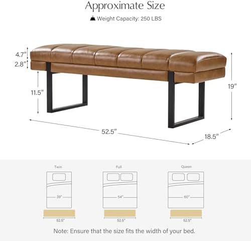 HULALA HOME 53" Faux Leather Tufted Entryway Bench, Camel