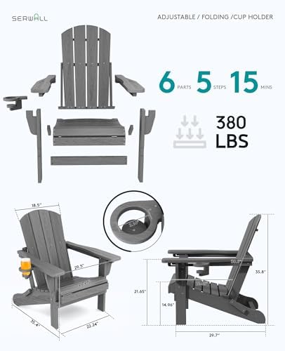 SERWALL Folding Adjustable Adirondack Chairs Set of 4, Cup Holders, Gray
