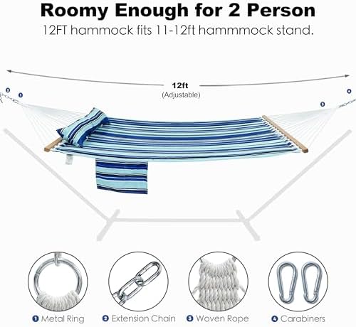 GAFETE 12ft 2 Person Hammock for Outside with Hardwood Spreader Bar