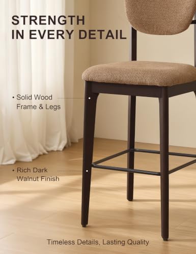 30" Counter Height Bar Stools Set of 2, Solid Wood Legs, Camel Brown