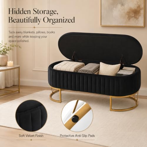 Velvet Storage Bench for Queen Size Bed, 46'' Black Oval Ottoman, Gold Legs