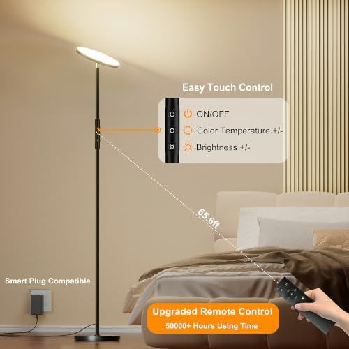 LED Floor Lamp, Bright 36W 3600LM Standing Lamp 350W Equivalent with Remote & Touch Control, Modern Torchiere Floor Lamp with 2700K-6500K Stepless Dimming, 69" Tall Lamp for Living Room Bedroom Office