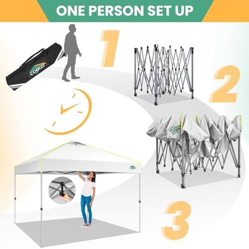 COBIZI 10x10 Pop Up Canopy - One Push Setup Tent, Glow Strips, 4 Sidewalls