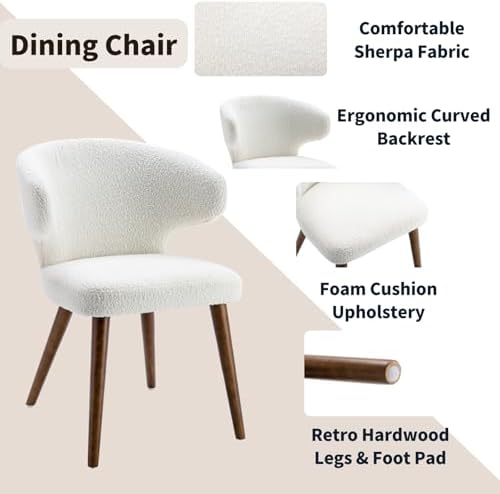 HNY Mid Century Modern Sherpa Boucle Dining Chairs Set of 6, Upholstered Curved Wingback Accent Arm Chairs Side Chairs with Solid Wood Legs, White