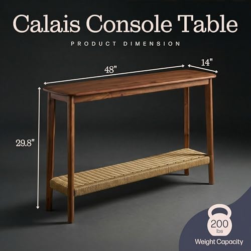 Calais Solid Wood Console Table with Woven Storage Shelf, Chestnut, 48 Inch