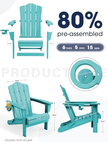 KINGYES Folding Adirondack Chair with Cup Holder, Aruba