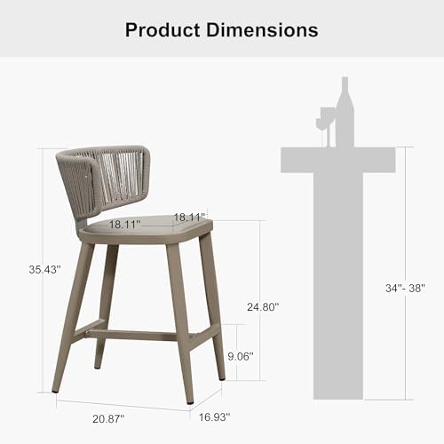 PURPLE LEAF Outdoor Counter Height Bar Stool 2-Pack Rope Wicker Champagne