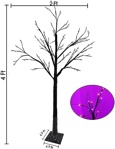 2 Pack 4FT Lighted Black Halloween Tree with 96 LED Orange & Purple Lights