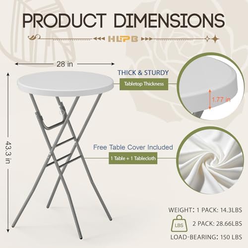 28" Round Folding Table with Cover,2Pcs Foldable Cocktail Table with Handle