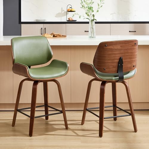 Swivel Bar Stools Set of 2,24" Upholstered Faux Leather Barstools,Mid Century Modern Counter Height Barstools with Walnut Bentwood Back & Legs,Bar Chairs for Kitchen Island Counter Bar Green