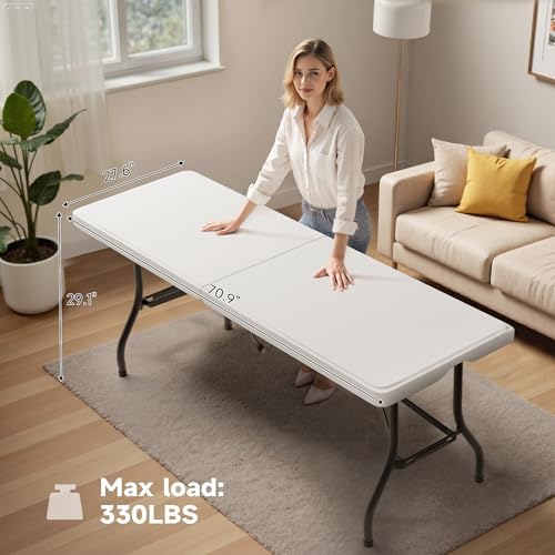 Folding Table 6 Foot - Heavy Duty 330LBS Capacity, Sturdy & Foldable Design with Safety Lock - Portable Tables Folding for Camping, Party, Indoor & Outdoor Use, 1 Pack