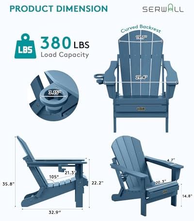 SERWALL Folding Adirondack Chair Set of 2 with Cup Holder for Fire Pit-Blue