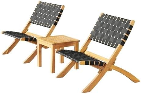 Barre 3PC Acacia Wood Outdoor Bistro Set Two Folding Chairs and 14 in. Table Weather-Resistant Conversation Set Sturdy Black Woven Poly Seats, Outdoor Furniture, Patio, Deck, Backyard