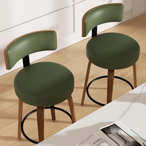 Swivel Bar Stools Set of 2, 26" Faux Leather Upholstered Counter Height Bar Stools with Back and Bentwood Legs, Mid Century Modern Bar Chairs Island Stools for Kitchen Counter, Green