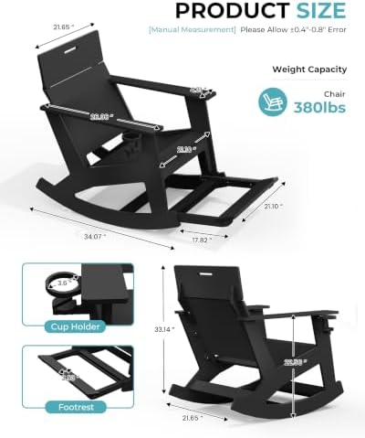 Ciokea Outdoor Rocking Chair with Pull-Out Footrest, Solid Backrest, Black