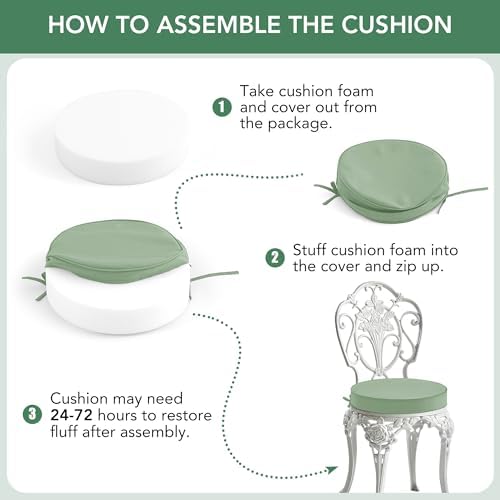 Summsun Outdoor Bistro Chair Cushions Set of 2, 15" D x 3" H Round Chair Cushions Waterproof and Fade Resistant Chair Cushion Pads with Non-Slip Ties and Removable Covers for Garden, Sage Green