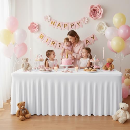 White Spandex Table Covers 6ft Rectangle Table Skirts for Party 2 Pack
