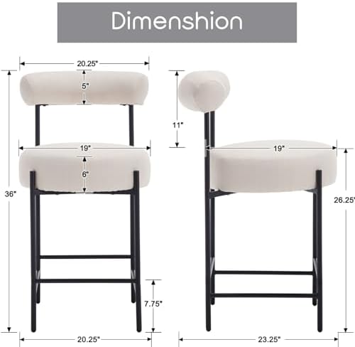 ROCITY Beige Modern Bar Stools Set of 2 Linen Upholstered Counter Stools with Barrel Back 26 Inch Fabric Kitchen Island Chairs with Metal Legs, Cream