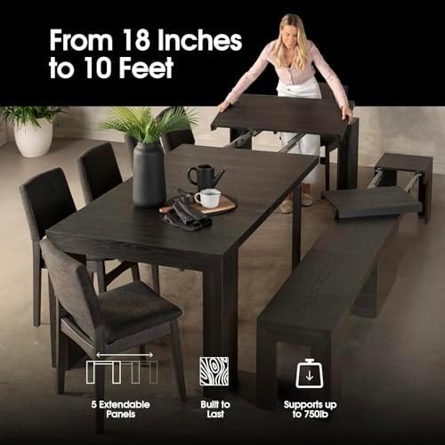 Transformer Table Solid Wood Extendable Dining Table, Black