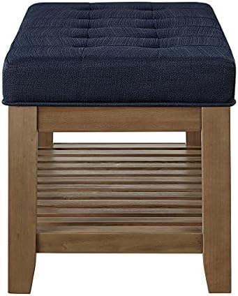 24KF Large Rectangular Upholstered Tufted Linen Fabric Ottoman Bench, Padded Bench with Solid Wood Shelf-Navy Blue