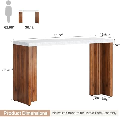 Tribesigns 55.12-Inch Bar Table, Modern Counter Height Pub Table with a Faux Marble Tabletop, Rectangular Home Coffee Bar Unit for Kitchen, Dining Room, Living Room, Balcony, Basement, Walnut & White