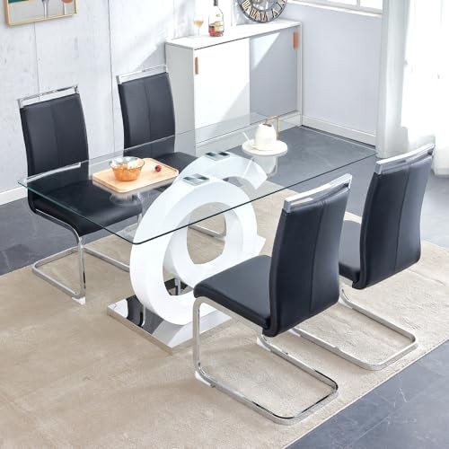 63'' Dining Table Set for 4, Modern Glass Dining Room Table Set for 4 with PU Leather Ergonomic Dining Chairs for Home, Kitchen, Living Room