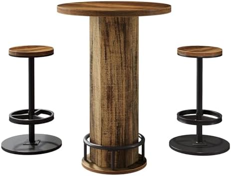 Tribesigns Round Bar Table with Chairs, Industrial Bistro Sets with 2 barstools, Pub Cocktail Table with Metal Ring Footrest for Kitchen Nook, Apartment, Small Space