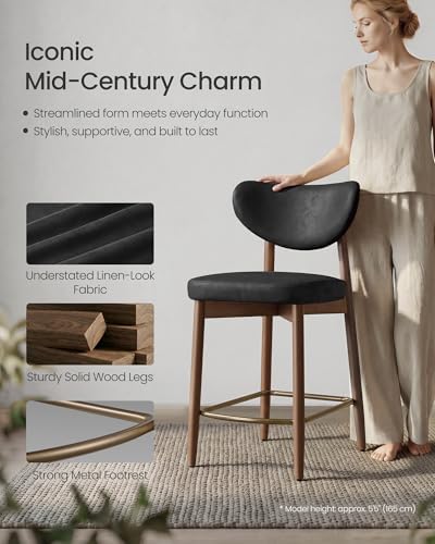 VASAGLE Wooden Bar Stools Set of 2, Synthetic Leather, Ink Black
