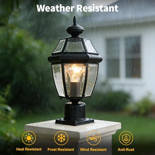 Kalium Outdoor Post Lights, 15" Lamp Post Light Fixture Waterproof Aluminum Housing with Glass, E26 Base Matte Black Lamp Posts Outdoor Lighting for Garden Patio Pathway Walkway （Pole not Included）