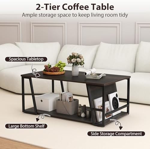 GIANTEX Modern Coffee Table with Storage, 2-Tier Wood Center Table, Brown