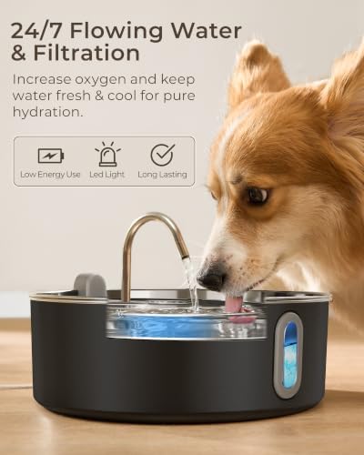 Smartoo 7L/236oz Stainless Steel Large Dog Water Fountain Matte Black