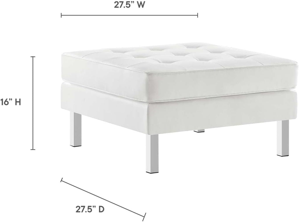 Modway Loft Tufted Button Faux Leather Upholstered Square Ottoman in Silver White