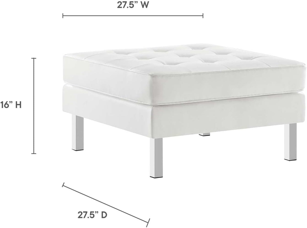 Modway Loft Tufted Button Faux Leather Upholstered Square Ottoman in Silver White