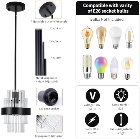 Pendant Light Fixtures, 7inch Modern Glass Pendant Lights, Matte Black Kitchen Island Lighting, Height Adjustable Pendant Lighting (Matte Black, 1 Pack)
