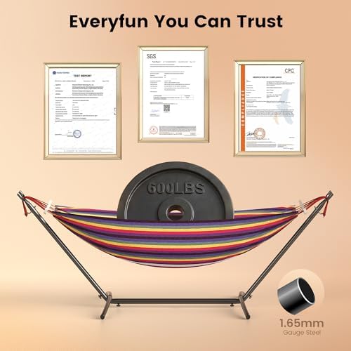 Everyfun Double Hammock with Stand for 2 Person, 600 lb Capacity, Rainbow