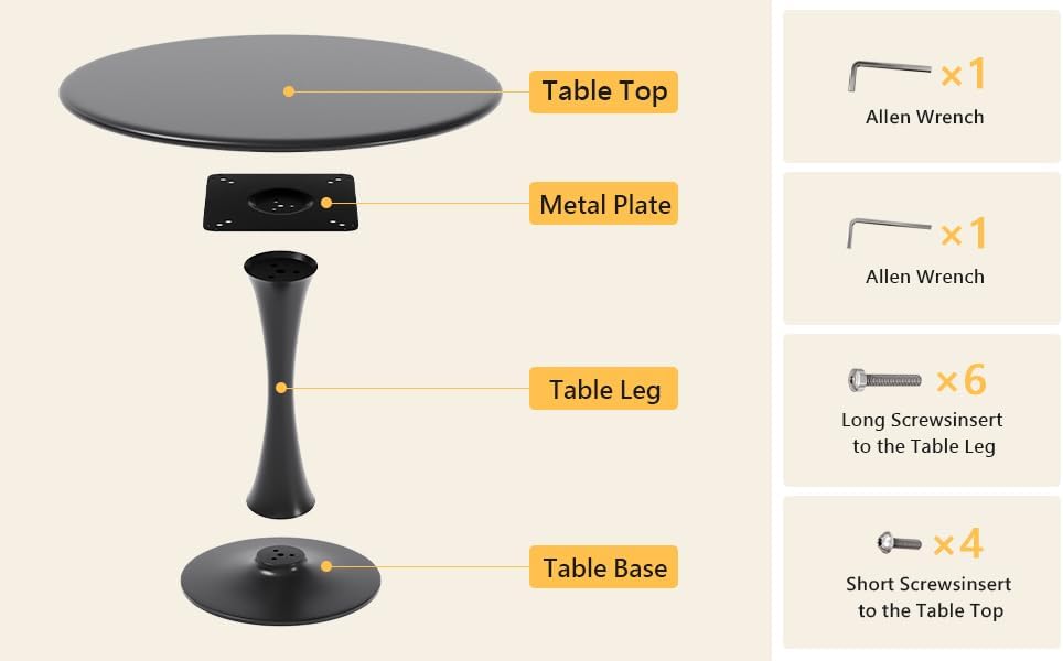24 Inch Black Small Tulip Table, Stable Round Dining Table for 2 Person