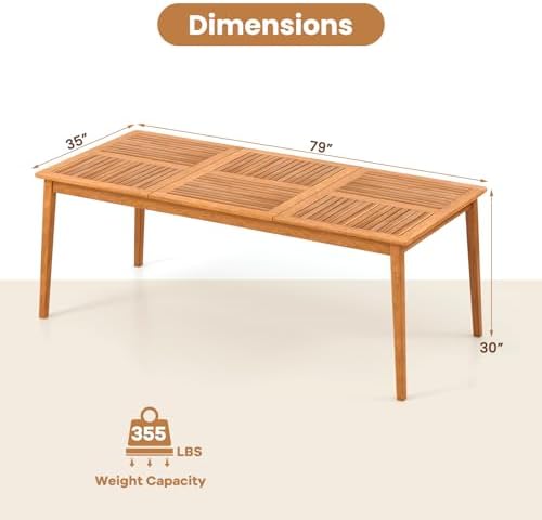 HAPPYGRILL Outdoor Acacia Wood Dining Table for 8 People, 79” x 35” Rectangular Patio Bistro Table with Built-in Umbrella Hole, Wooden Picnic Table for Porch, Garden, Backyard, Natural