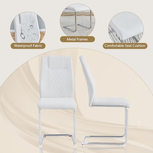 55‘’ White Dining Table Set for 6, Dining Tabletop and Silver Metal Frame, Rectangle Dining Room Table with 6 White Upholstered Dining Chairs. ModernDinner table Set for Kitchen and Dining Room.
