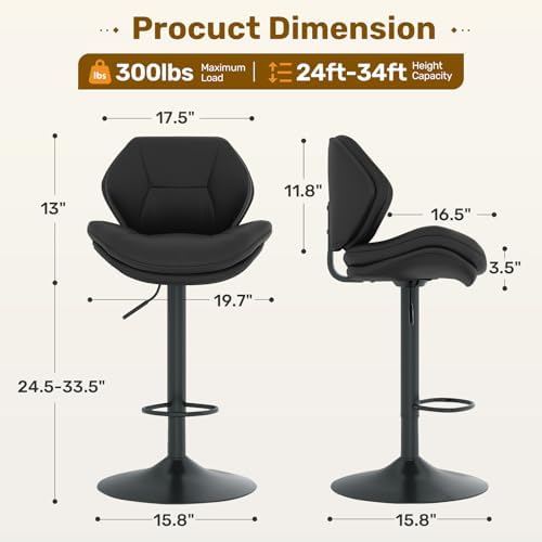 Nalupatio Swivel Bar Stools Set of 2, Double-Layer Filled Upholstered Bar Stools with Back, Adjustable Height Barstools, Faux Leather for Kitchen Island (Black)